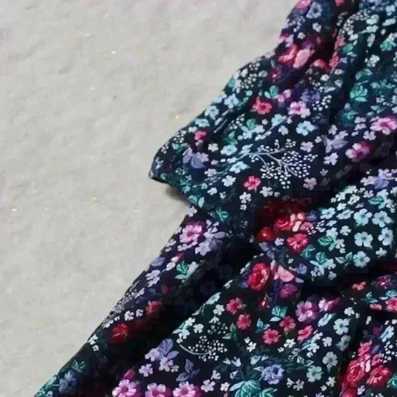 FLORAL Mini Skirt Black Pink Tiered Ruffle Elastic Waist Pull On Stretchy Med - Picture 5 of 10